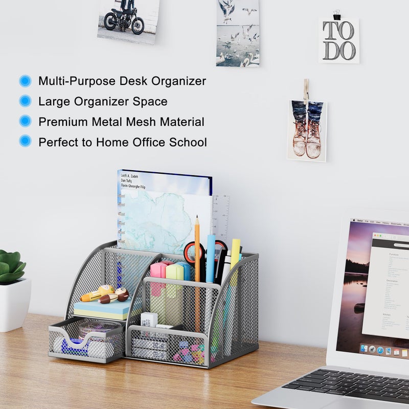 EasyPAG Mesh Desk Organizer with Drawer Multi-functional Pen Holder Stationery Organizer for Office School Supplies 6 Compartments Dorm Organizers and Storage for Desk, Silver - Image 2